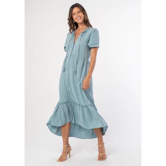 Lovestitch Dress Button Front Midi Blue Boho Linen Blend Puff Sleeves Sz Large - Picture 9 of 12